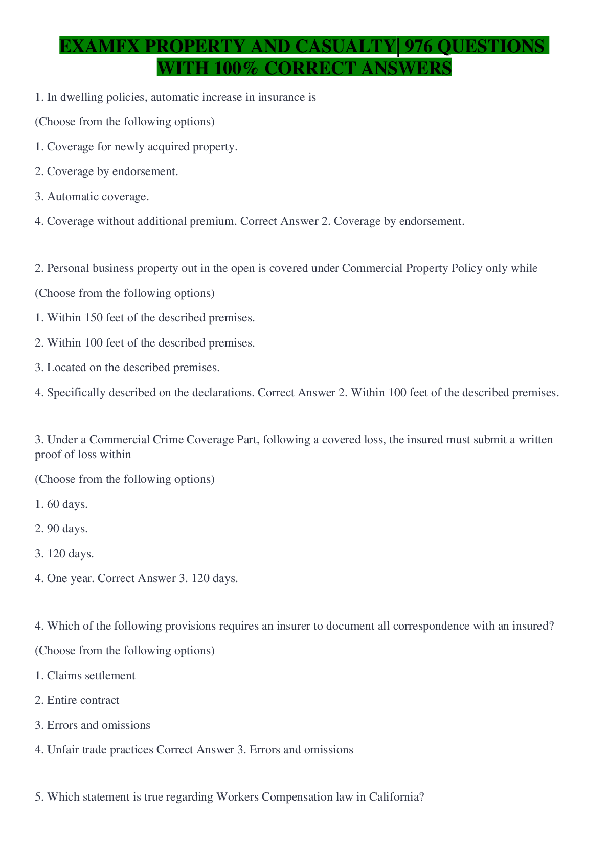 Preview image for EXAMFX PROPERTY AND CASUALTY| 976 QUESTIONS WITH 100% CORRECT ANSWERS